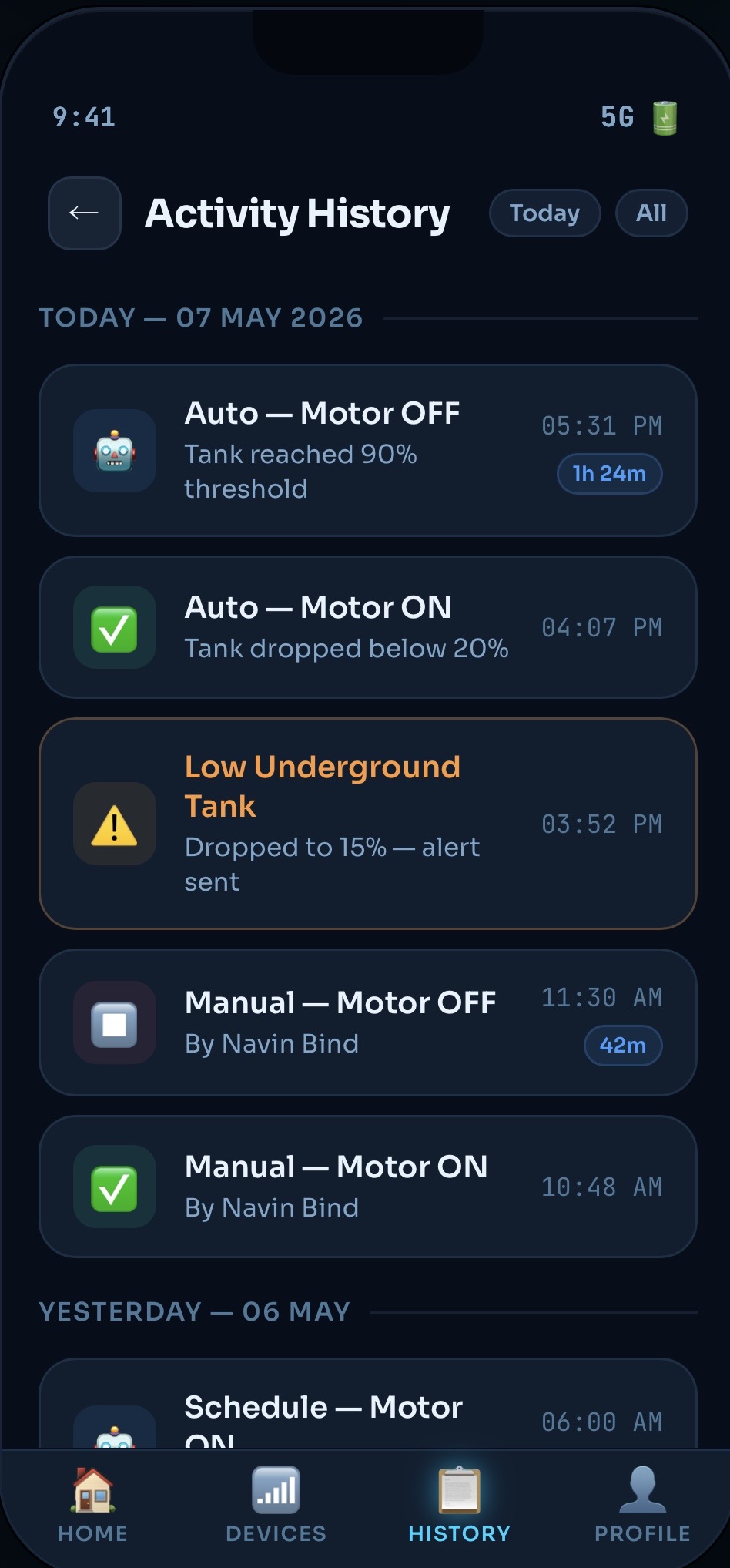 AquaControl activity history screen